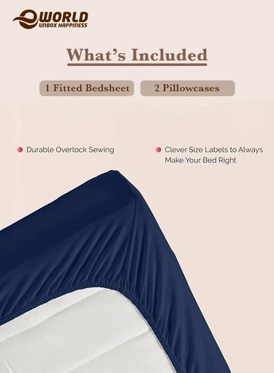 Eworld 3-Piece Blue Cotton Fitted Bedsheet Set Includes 1 Deep-Pocket Sheet and 2 Pillow Covers-2