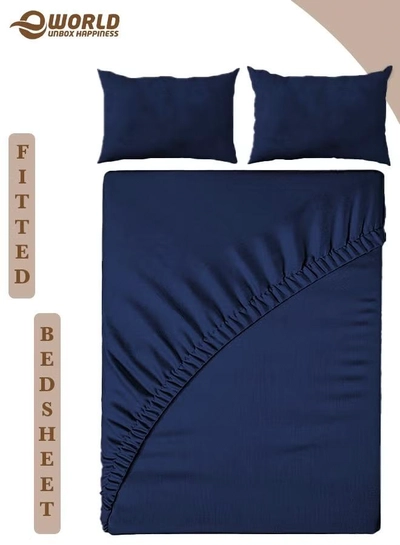 Eworld 3-Piece Blue Cotton Fitted Bedsheet Set Includes 1 Deep-Pocket Sheet and 2 Pillow Covers-0