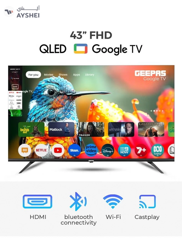 Geepas 43" FHD QLED Google TV | Sharp Picture with Sleek Design, with Built-in Apps | Dolby Audio, HDMI & USB Connectivity| Voice Remote with Google Cast | GLED4325GTQLD