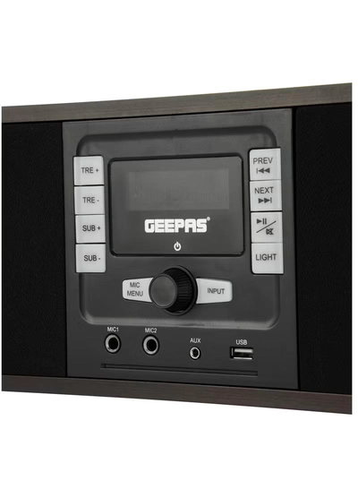 GEEPAS Wireless Sound Bar Speaker 200W Bluetooth, AUX IN, USB, Dual MIC Input and FM Radio, with Remote Control and LED Display | TV Shows Movies, Music| 2 Years Warranty GSRB150WD Black/Wooden Finish-1
