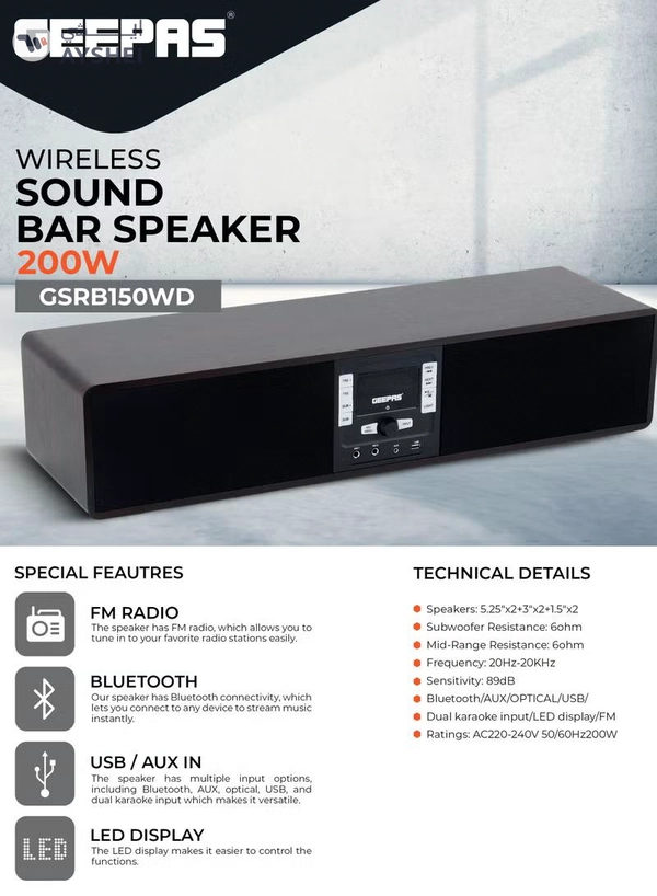 GEEPAS Wireless Sound Bar Speaker 200W Bluetooth, AUX IN, USB, Dual MIC Input and FM Radio, with Remote Control and LED Display | TV Shows Movies, Music| 2 Years Warranty GSRB150WD Black/Wooden Finish