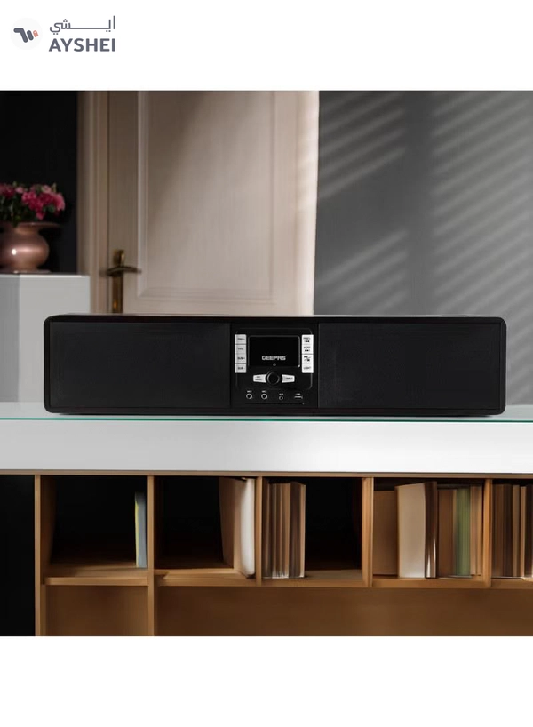 GEEPAS Wireless Sound Bar Speaker 200W Bluetooth, AUX IN, USB, Dual MIC Input and FM Radio, with Remote Control and LED Display | TV Shows Movies, Music| 2 Years Warranty GSRB150WD Black/Wooden Finish
