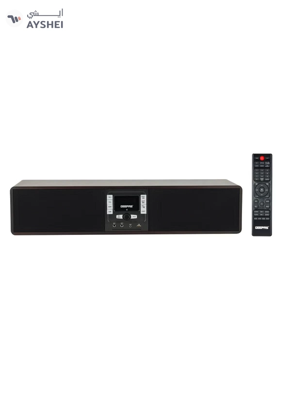 GEEPAS Wireless Sound Bar Speaker 200W Bluetooth, AUX IN, USB, Dual MIC Input and FM Radio, with Remote Control and LED Display | TV Shows Movies, Music| 2 Years Warranty GSRB150WD Black/Wooden Finish