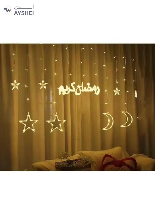 Yuwell Ramadan Curtain String Lights 3 Meter LED Warm White, Moon Star & Ramadan Kareem Sign Decorative Fairy Lights with 3-Pin Plug, Multi-Mode LED Eid & Ramadan Decoration Lights for Home Indoor