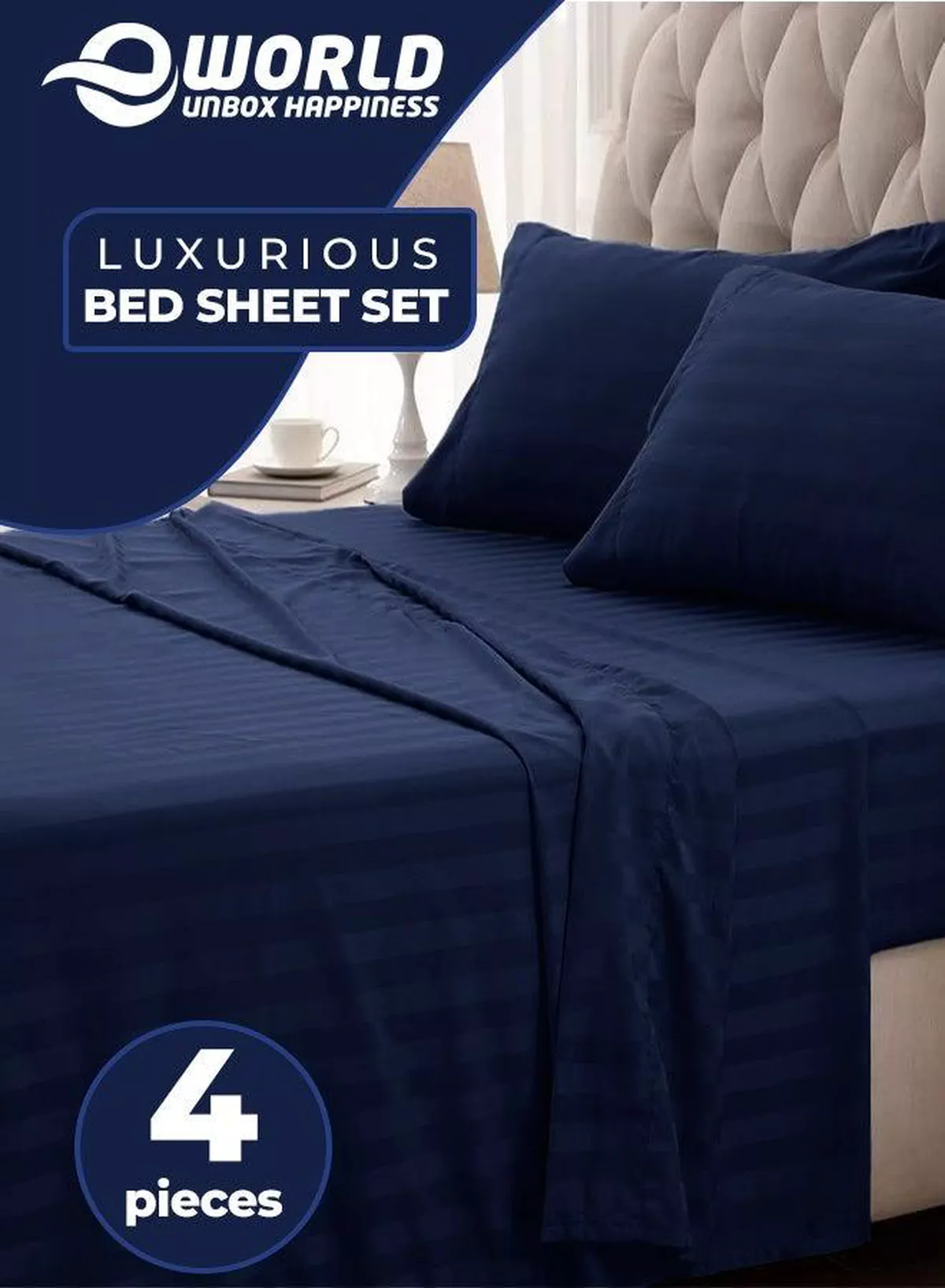 4-Piece Luxury King Size Blue Striped Bedding Set Includes 1 Duvet Cover (220x240cm), 1 Bedsheet (200x200cm), and 2 Pillow Cases (48x74+5cm) for Ultimate Hotel-Inspired Sophistication
