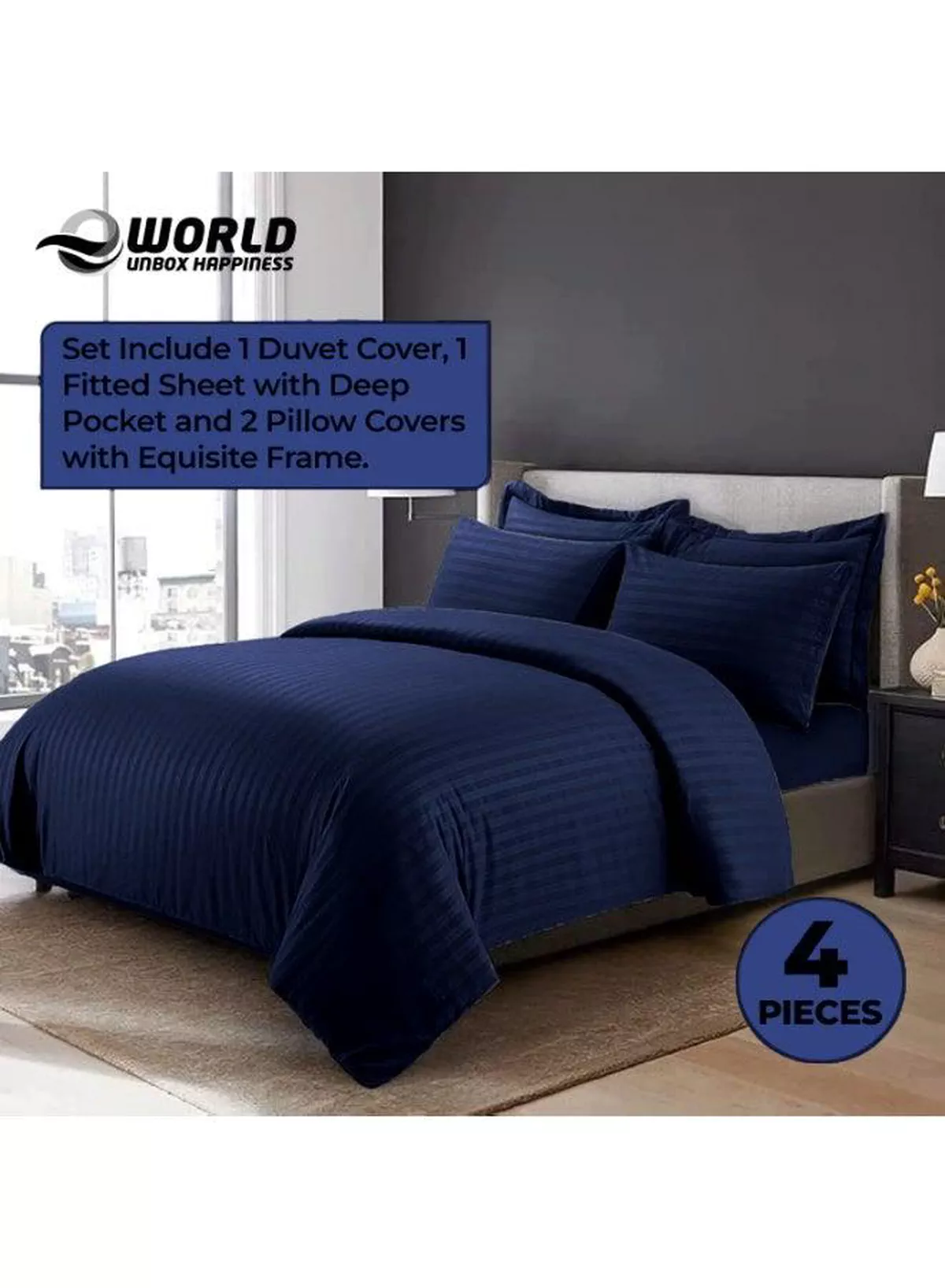 4-Piece Luxury King Size Blue Striped Bedding Set Includes 1 Duvet Cover (220x240cm), 1 Bedsheet (200x200cm), and 2 Pillow Cases (48x74+5cm) for Ultimate Hotel-Inspired Sophistication-3-3