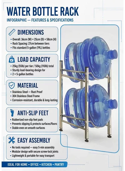 Water Storage Rack 1PCS – Two Tier Bucket and Water Bottle Organizer, Sturdy Metal Floor Stand, Compact Space Saving Design for Home, Kitchen, Office, Pantry, Restaurant and Commercial Storage EU-364363-5