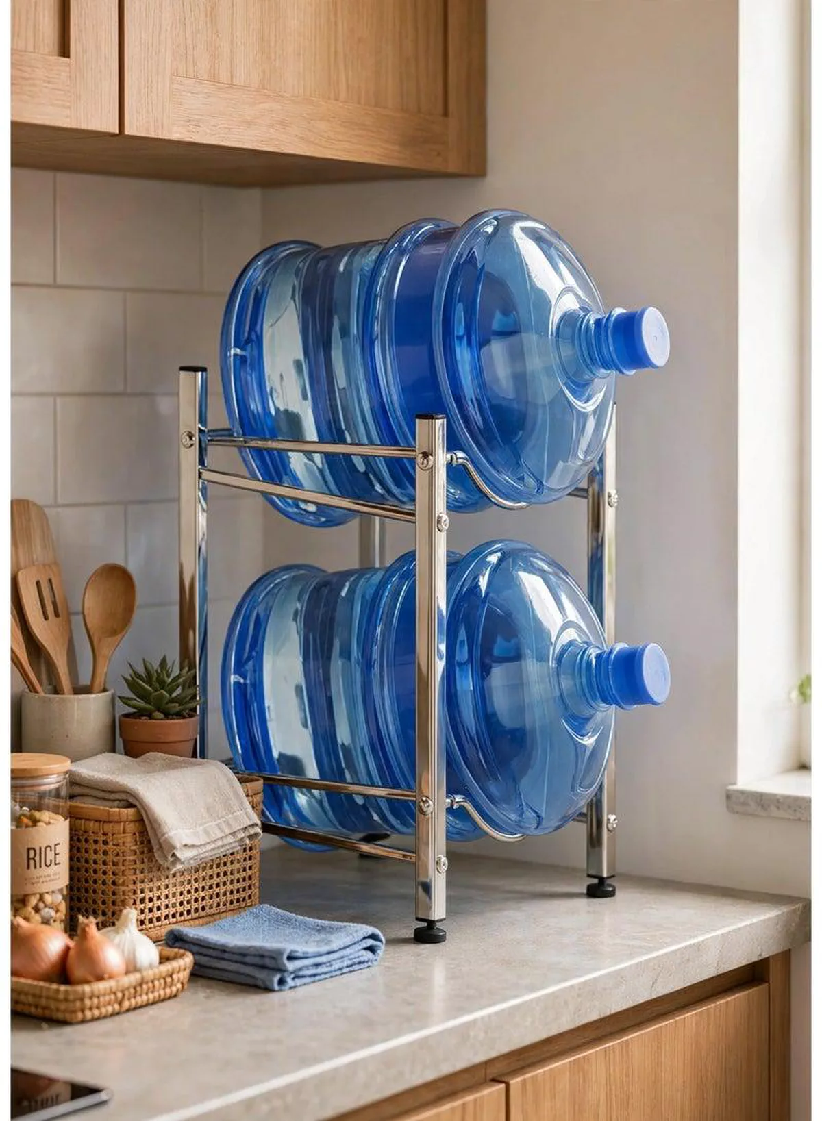 Water Storage Rack 1PCS – Two Tier Bucket and Water Bottle Organizer, Sturdy Metal Floor Stand, Compact Space Saving Design for Home, Kitchen, Office, Pantry, Restaurant and Commercial Storage EU-364363-4-4