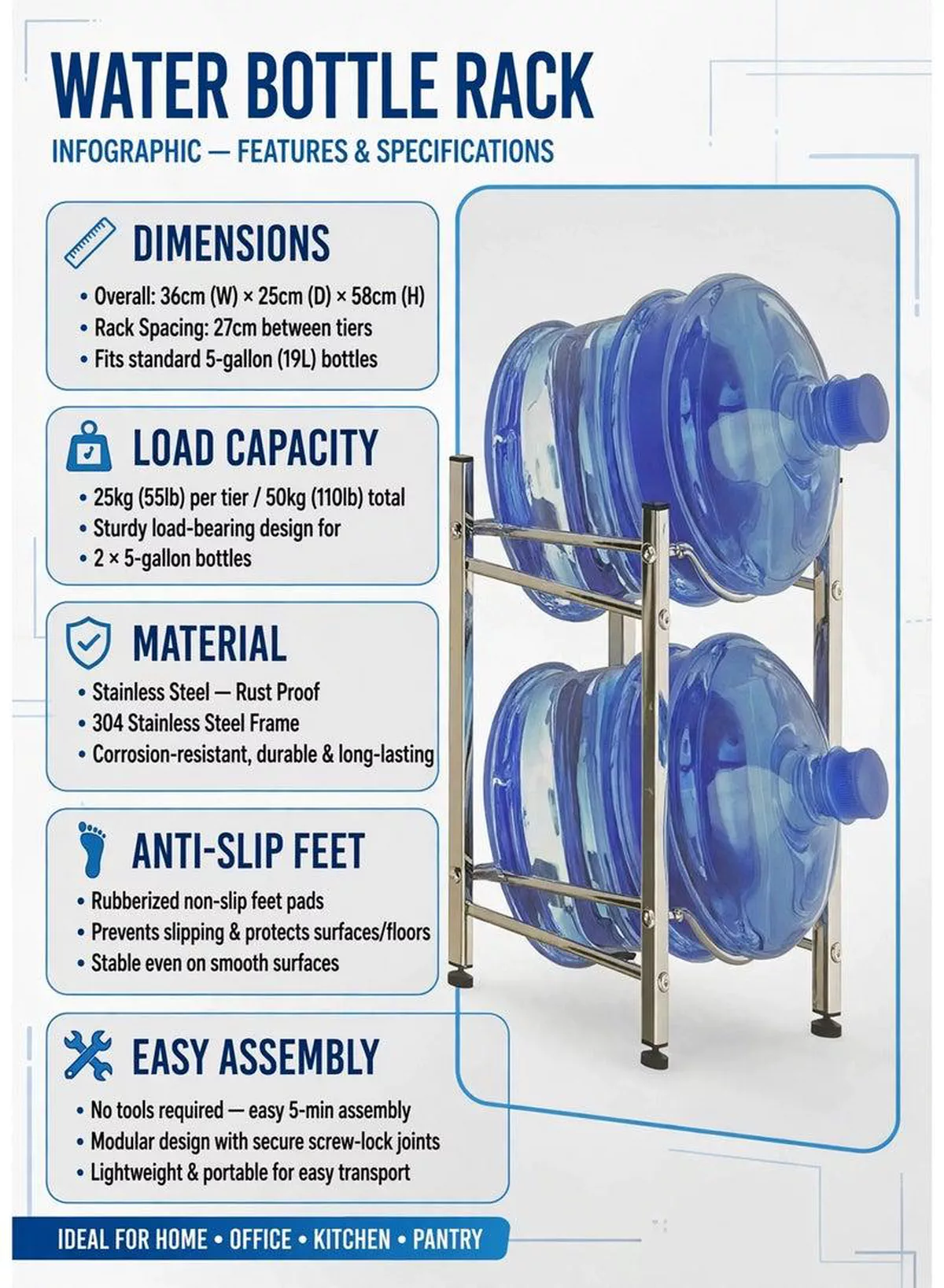 Water Storage Rack 1PCS – Two Tier Bucket and Water Bottle Organizer, Sturdy Metal Floor Stand, Compact Space Saving Design for Home, Kitchen, Office, Pantry, Restaurant and Commercial Storage EU-364363-5-5