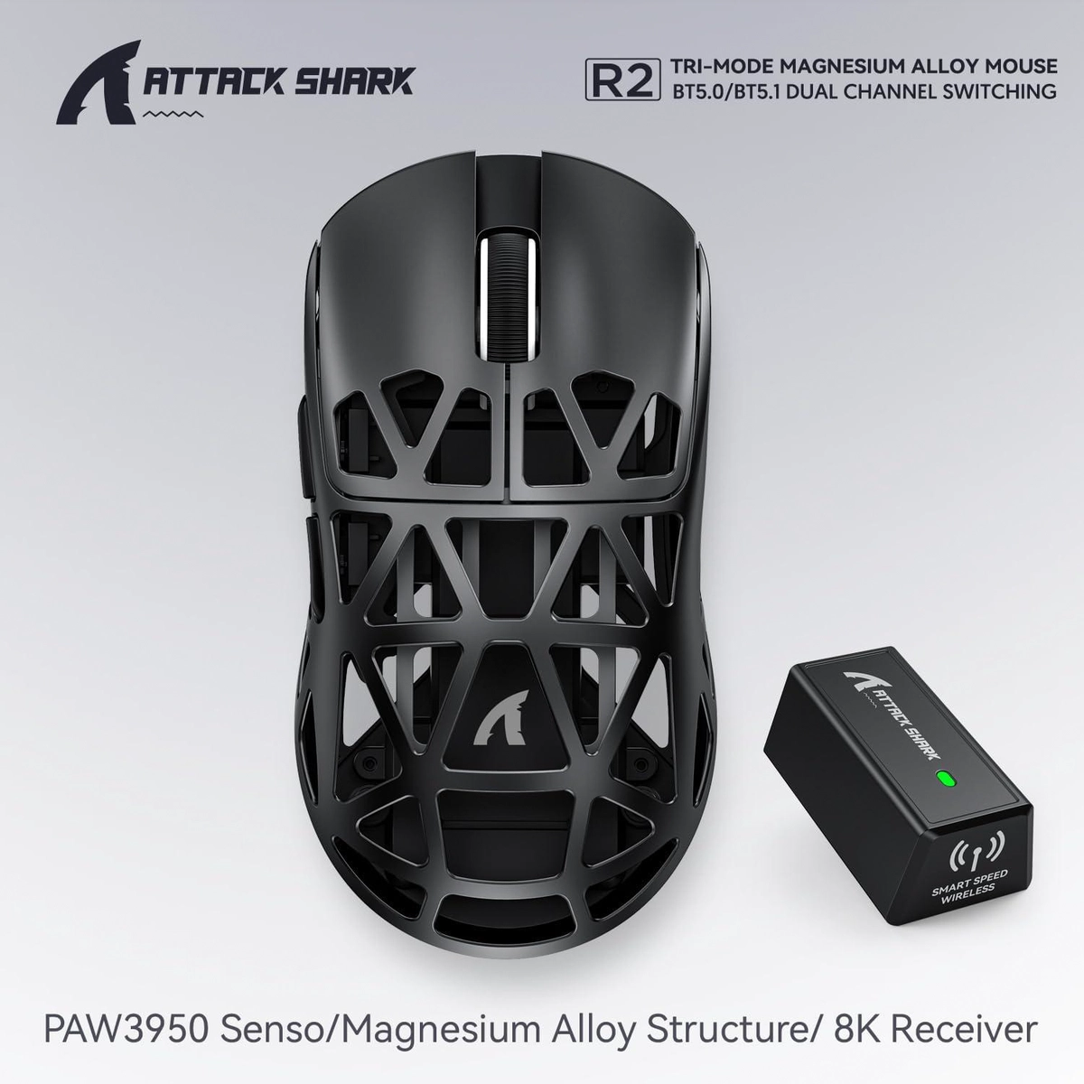 ATTACK SHARK R2 Magnesium Alloy Gaming Mouse, PixArt PAW3950 Sensor, Wireless 8K, 48g Superlight, BT/2.4G/Wired, Adjustable DPI 42000, for Win11/Xbox/PS/Mac