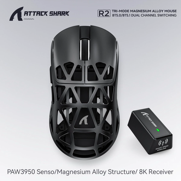 ATTACK SHARK R2 Magnesium Alloy Gaming Mouse, PixArt PAW3950 Sensor, Wireless 8K, 48g Superlight, BT/2.4G/Wired, Adjustable DPI 42000, for Win11/Xbox/PS/Mac