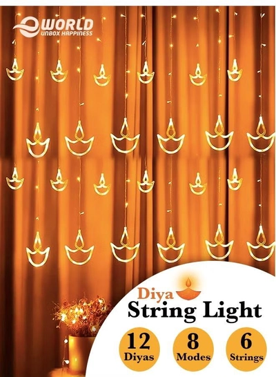 Eworld Home Decor Warm White Diwali String Lights with 12 Hanging Diya's, 8 Flashing Modes-0