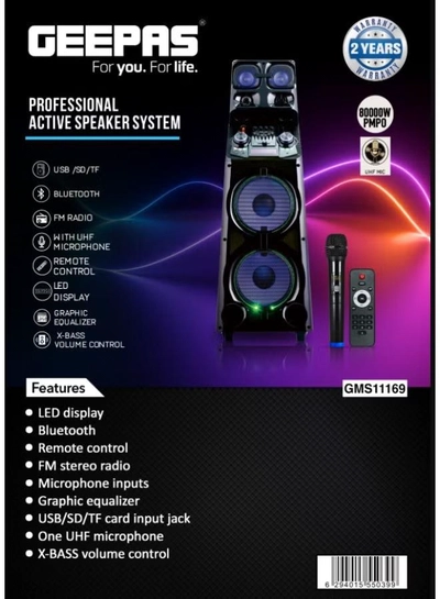 Geepas Professional Active Speaker System- GMS11169| Bluetooth and FM Stereo Radio| Includes a UHF Microphone and a Remote Control| 800 PMPO, X-Bass Volume Control, Graphic Equalizer| Black, 2 Years Warranty-0