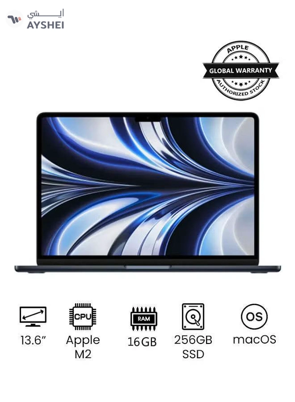 Apple MacBook Air MC7X4 13.6-Inch Display : Apple M2 chip with 8-core CPU and 8-core GPU, 16GB RAM/256GB SSD(International Version) English Midnight