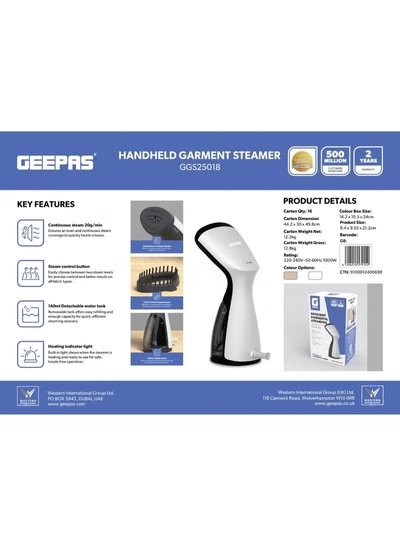GEEPAS Handheld Garment Steamer- GGS25018/ 1000 W, Easy to Use, Suitable for all Kinds of Fabric and Safe for Delicate Fabrics/ with Steam Control Button and Brush Accessory, Detachable Water Tank 140 ml Capacity 140 ml 1000 W GGS25018 white-1