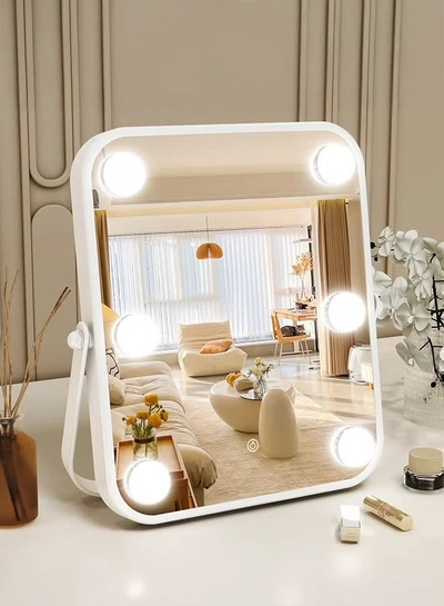 XiuWoo Vanity Mirror with Lights, Hollywood Makeup Mirror with Light, 10"x12" Lighted Desktop Makeup Mirror with 6 Dimmable LED Bulbs, Cosmetic Makeup Mirror with Stand, Smart Touch Control-0