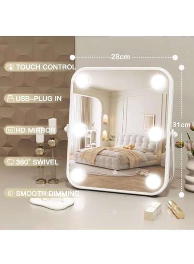 XiuWoo Vanity Mirror with Lights, Hollywood Makeup Mirror with Light, 10"x12" Lighted Desktop Makeup Mirror with 6 Dimmable LED Bulbs, Cosmetic Makeup Mirror with Stand, Smart Touch Control-3