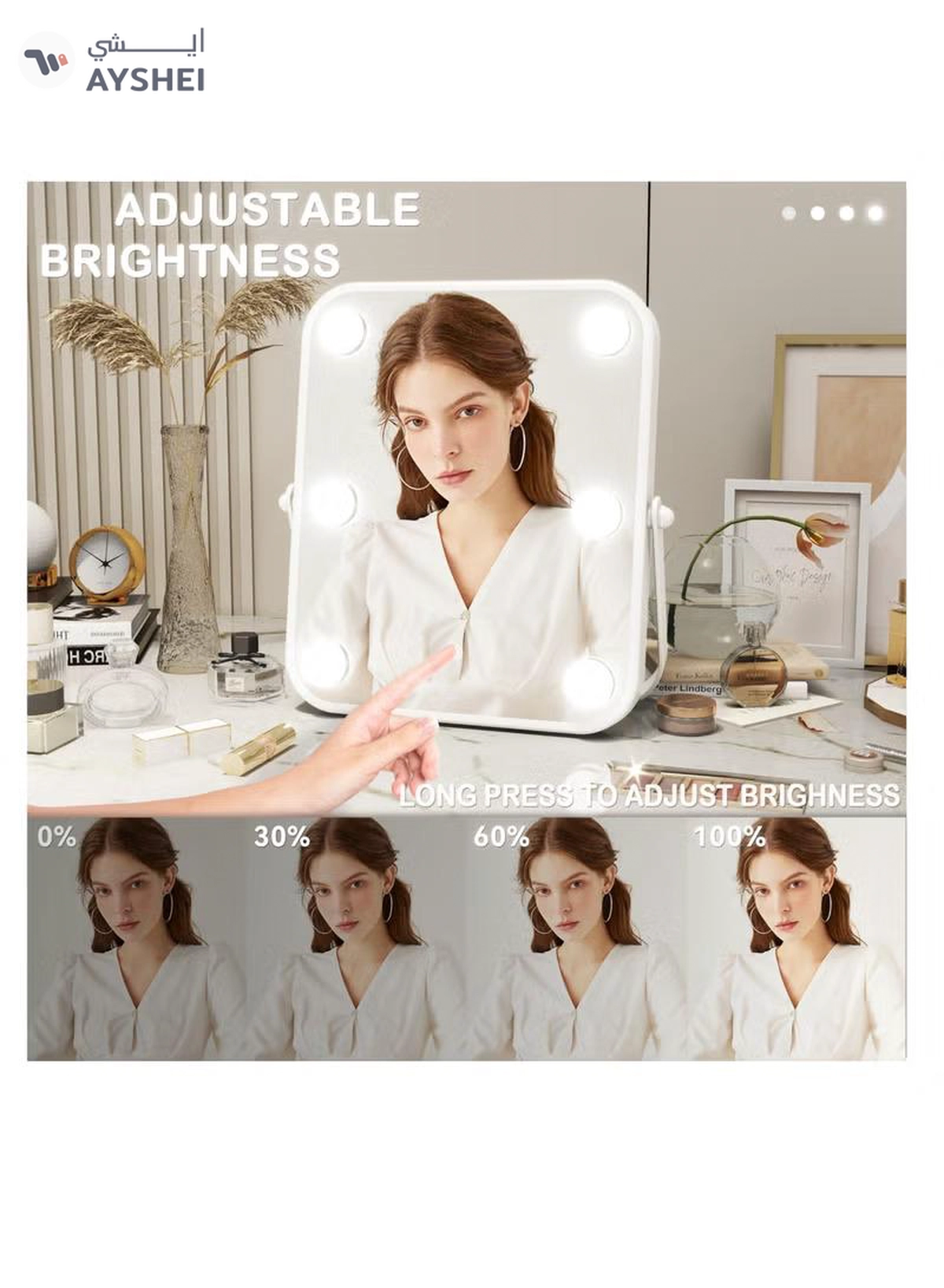 XiuWoo Vanity Mirror with Lights, Hollywood Makeup Mirror with Light, 10"x12" Lighted Desktop Makeup Mirror with 6 Dimmable LED Bulbs, Cosmetic Makeup Mirror with Stand, Smart Touch Control-4-4
