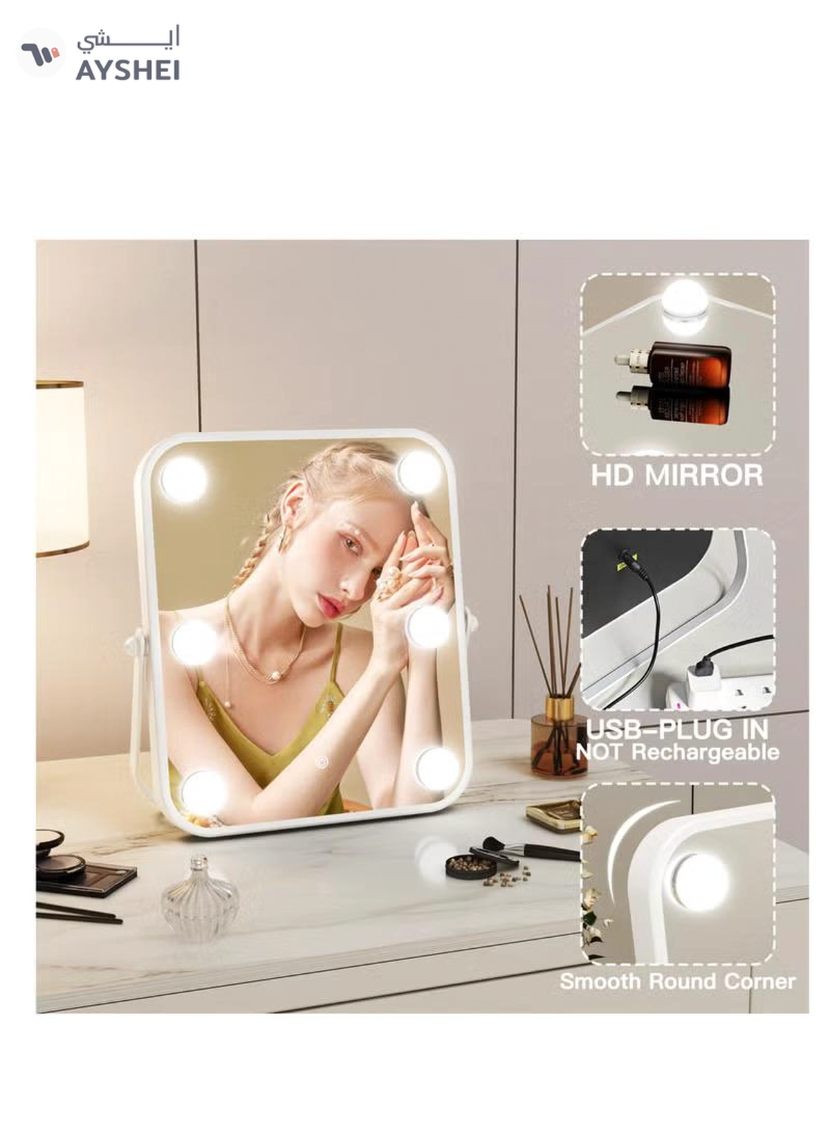 XiuWoo Vanity Mirror with Lights, Hollywood Makeup Mirror with Light, 10"x12" Lighted Desktop Makeup Mirror with 6 Dimmable LED Bulbs, Cosmetic Makeup Mirror with Stand, Smart Touch Control-1-1