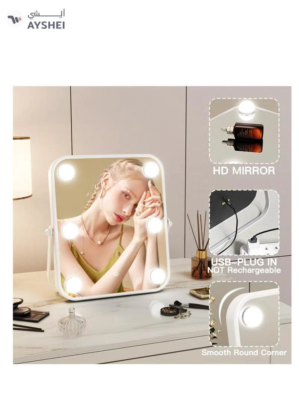 XiuWoo Vanity Mirror with Lights, Hollywood Makeup Mirror with Light, 10"x12" Lighted Desktop Makeup Mirror with 6 Dimmable LED Bulbs, Cosmetic Makeup Mirror with Stand, Smart Touch Control