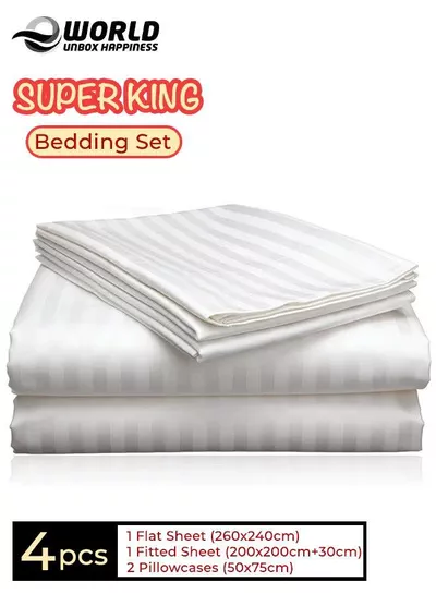 4-Piece Luxury Super King White Striped Bedding Set (Flat Sheet 260×240 cm, Fitted Sheet 200×200+30 cm, 2 Pillowcases 50×75 cm) – Premium Microfiber, Hotel-Style Comfort-0