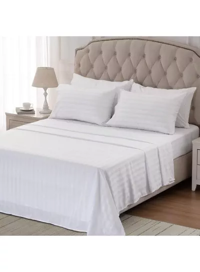 4-Piece Luxury Super King White Striped Bedding Set (Flat Sheet 260×240 cm, Fitted Sheet 200×200+30 cm, 2 Pillowcases 50×75 cm) – Premium Microfiber, Hotel-Style Comfort-1