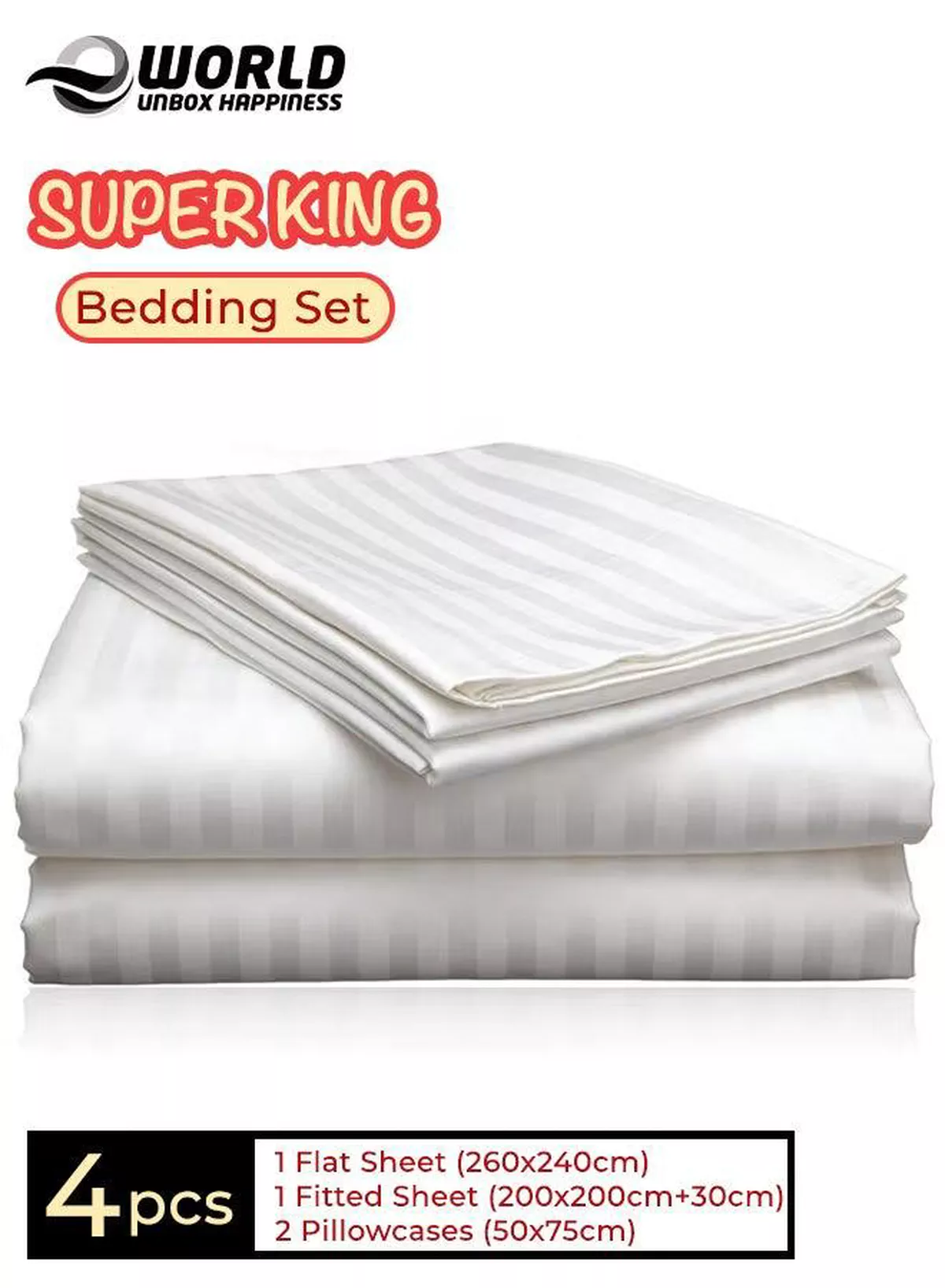 4-Piece Luxury Super King White Striped Bedding Set (Flat Sheet 260×240 cm, Fitted Sheet 200×200+30 cm, 2 Pillowcases 50×75 cm) – Premium Microfiber, Hotel-Style Comfort