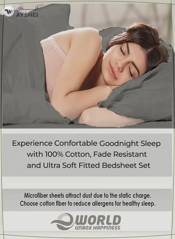 Eworld 3-Piece Grey Cotton Fitted Bedsheet Set Includes 1 Deep-Pocket Sheet and 2 Pillow Covers