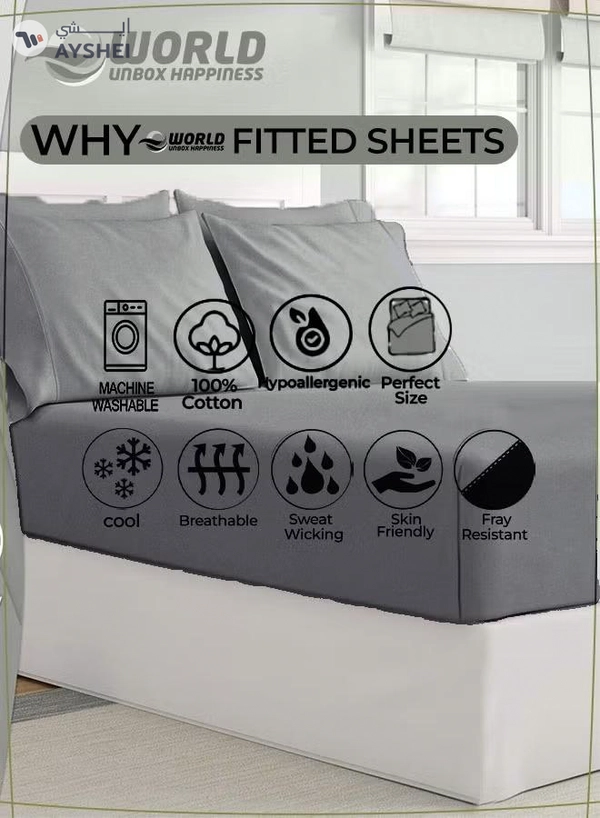 Eworld 3-Piece Grey Cotton Fitted Bedsheet Set Includes 1 Deep-Pocket Sheet and 2 Pillow Covers