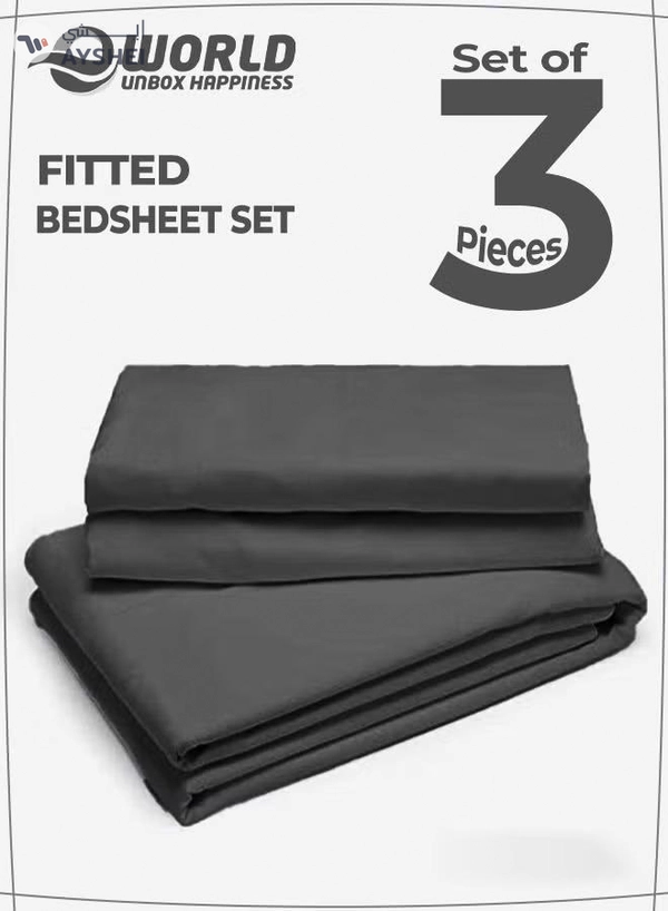 Eworld 3-Piece Grey Cotton Fitted Bedsheet Set Includes 1 Deep-Pocket Sheet and 2 Pillow Covers