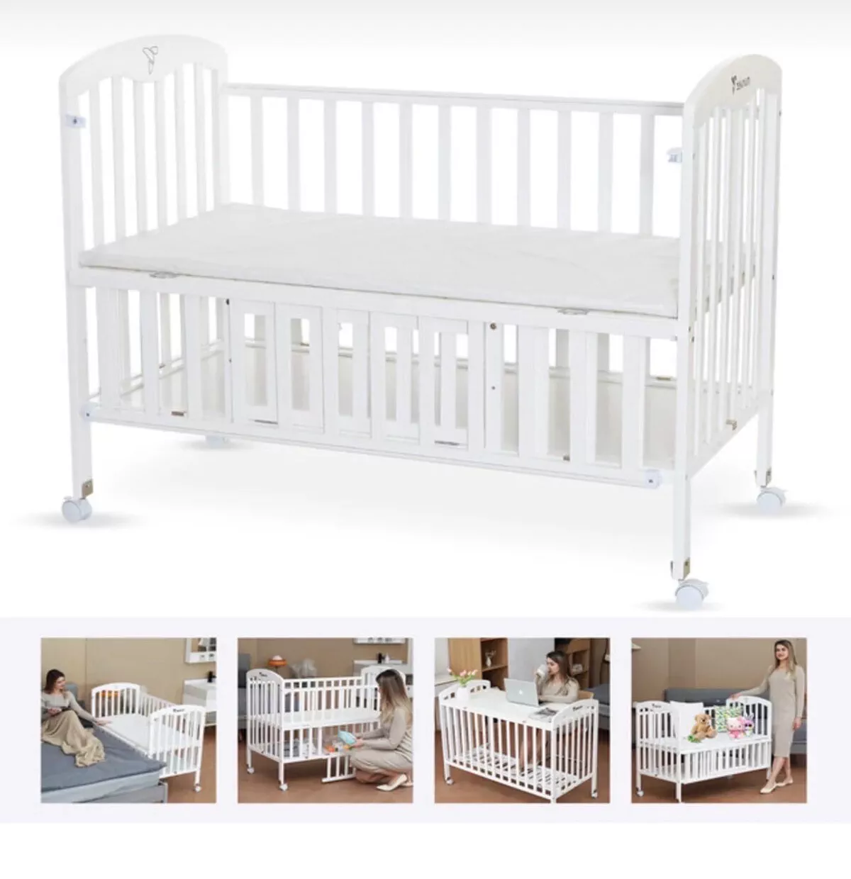 Baby plus 4 in 1 wooden bed side with storage and mattress w/cover - white