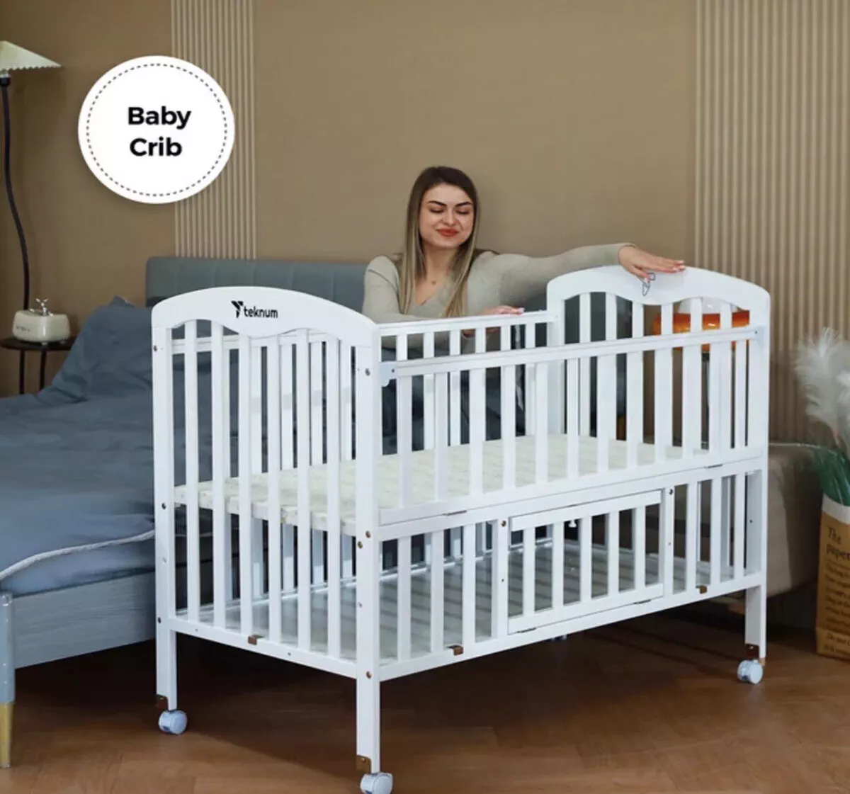Baby plus 4 in 1 wooden bed side with storage and mattress w/cover - white-2-2