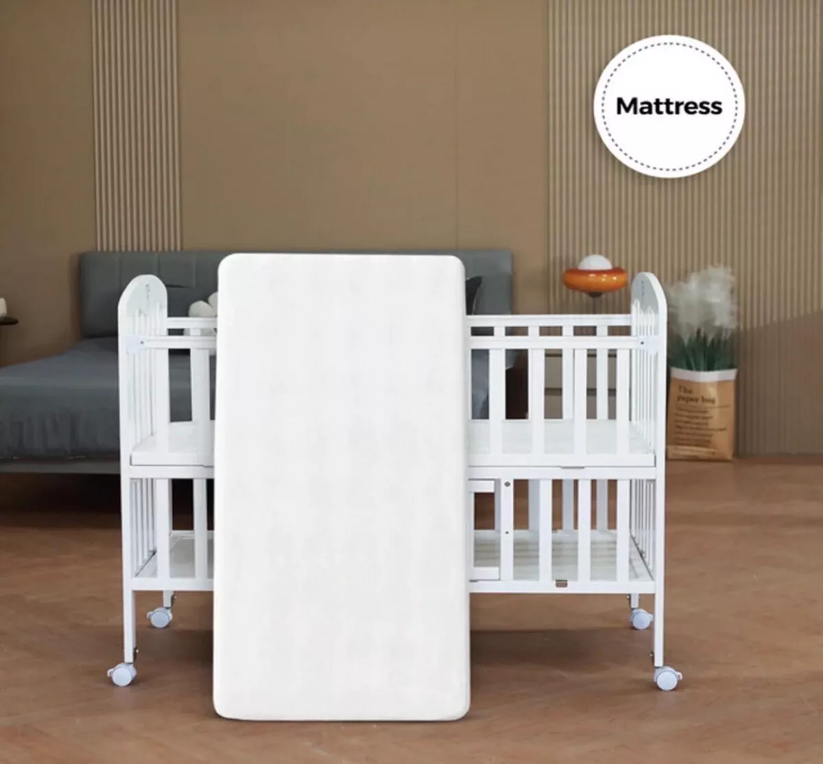 Baby plus 4 in 1 wooden bed side with storage and mattress w/cover - white-4-4