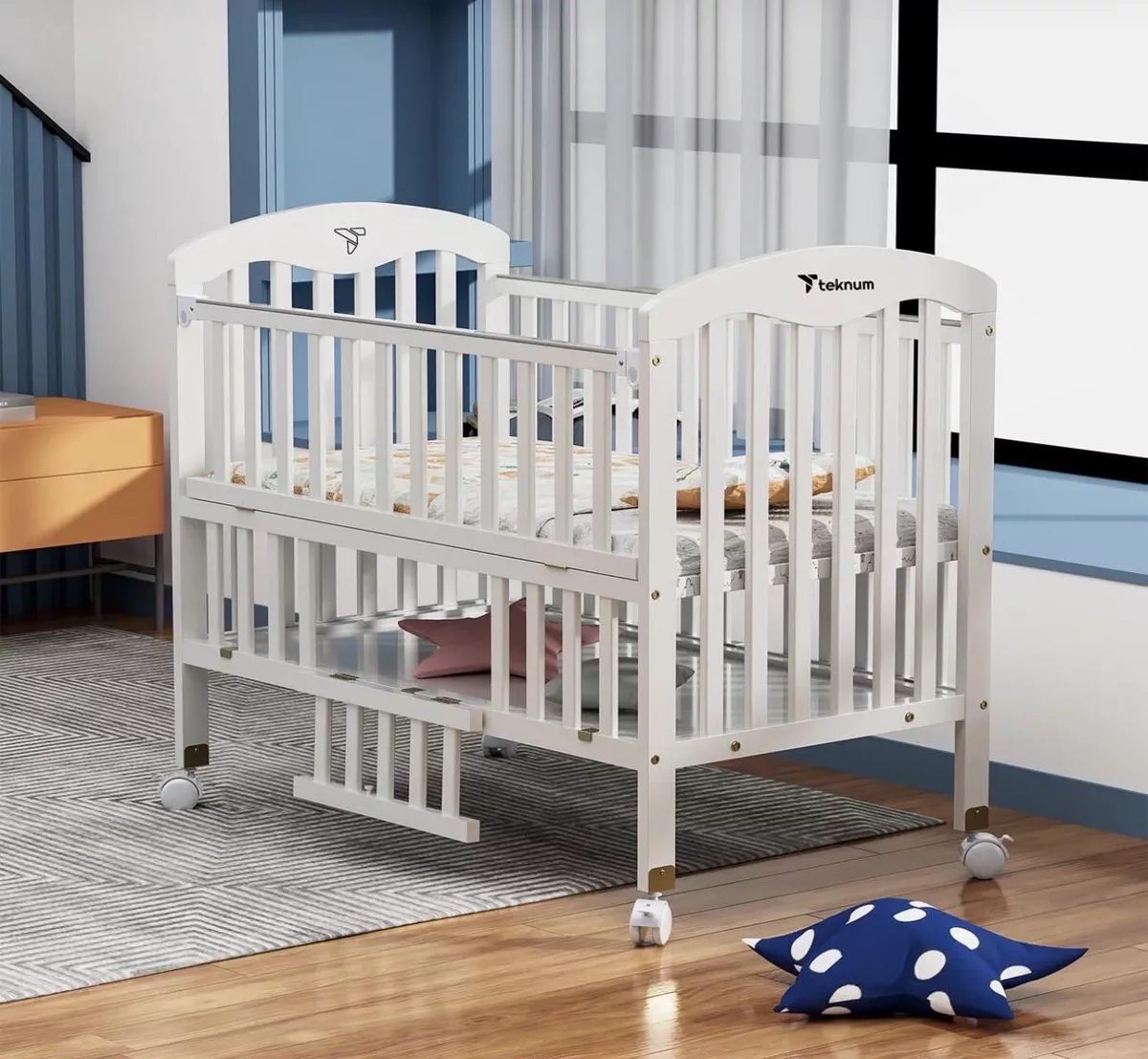Baby plus 4 in 1 wooden bed side with storage and mattress w/cover - white-1-1