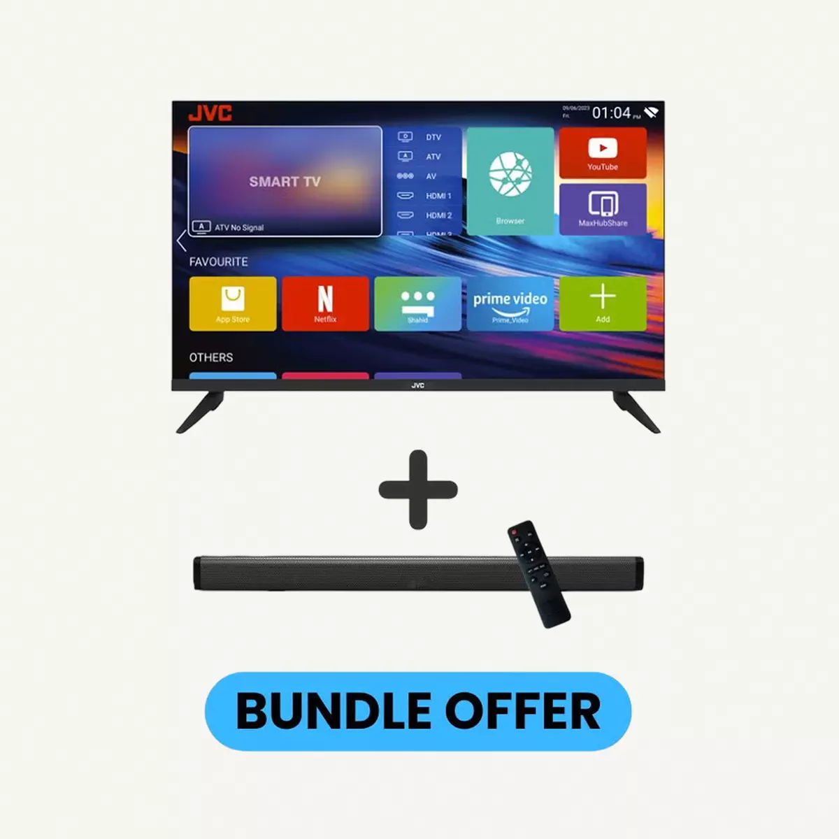 JVC 40 Inch Edgeless Full HD LED Android Smart TV with Dolby Audio, 60Hz, Paired with 2.0 Channel 30W Soundbar, Bluetooth, USB, FM Radio LT-40N550+SOUNDBAR Black