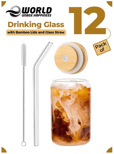 Eworld 12pcs Glassware Set Featuring 16oz Can Shaped Glass Cups with Bamboo Lids-0