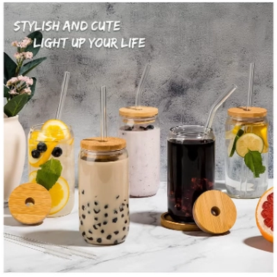 Eworld 12pcs Glassware Set Featuring 16oz Can Shaped Glass Cups with Bamboo Lids-1