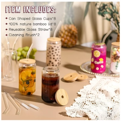 Eworld 12pcs Glassware Set Featuring 16oz Can Shaped Glass Cups with Bamboo Lids-2