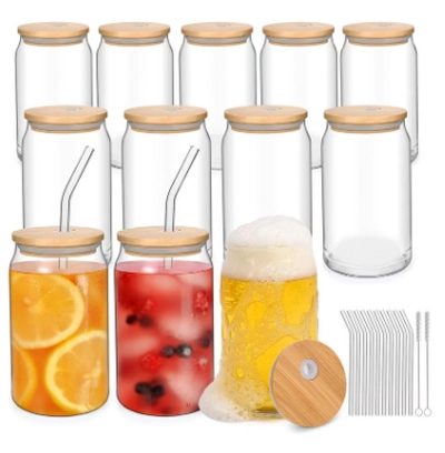 Eworld 12pcs Glassware Set Featuring 16oz Can Shaped Glass Cups with Bamboo Lids-5