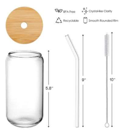 Eworld 12pcs Glassware Set Featuring 16oz Can Shaped Glass Cups with Bamboo Lids-6