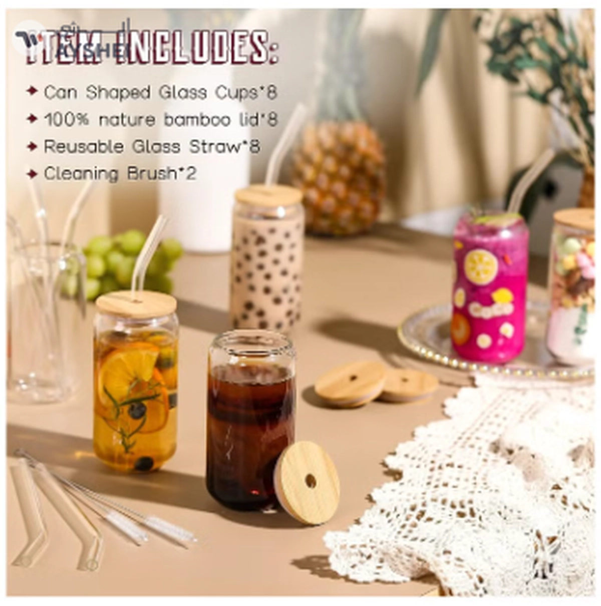 Eworld 12pcs Glassware Set Featuring 16oz Can Shaped Glass Cups with Bamboo Lids-2-2