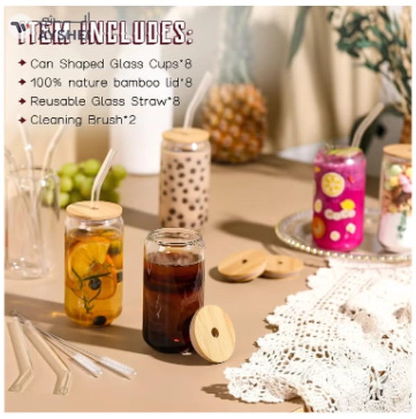 Eworld 12pcs Glassware Set Featuring 16oz Can Shaped Glass Cups with Bamboo Lids