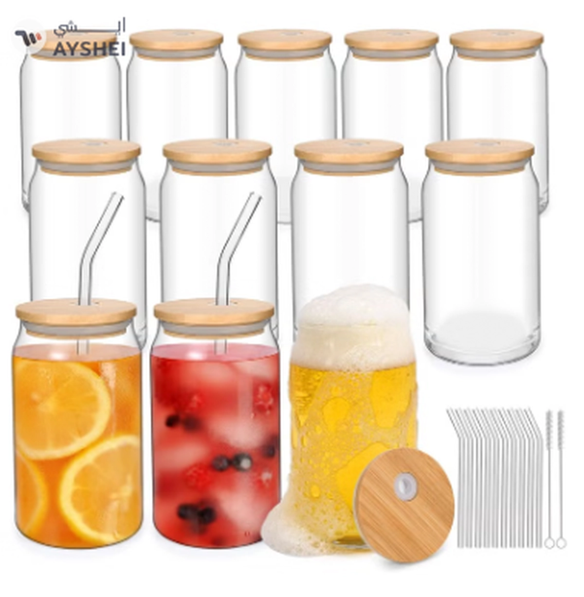 Eworld 12pcs Glassware Set Featuring 16oz Can Shaped Glass Cups with Bamboo Lids-5-5