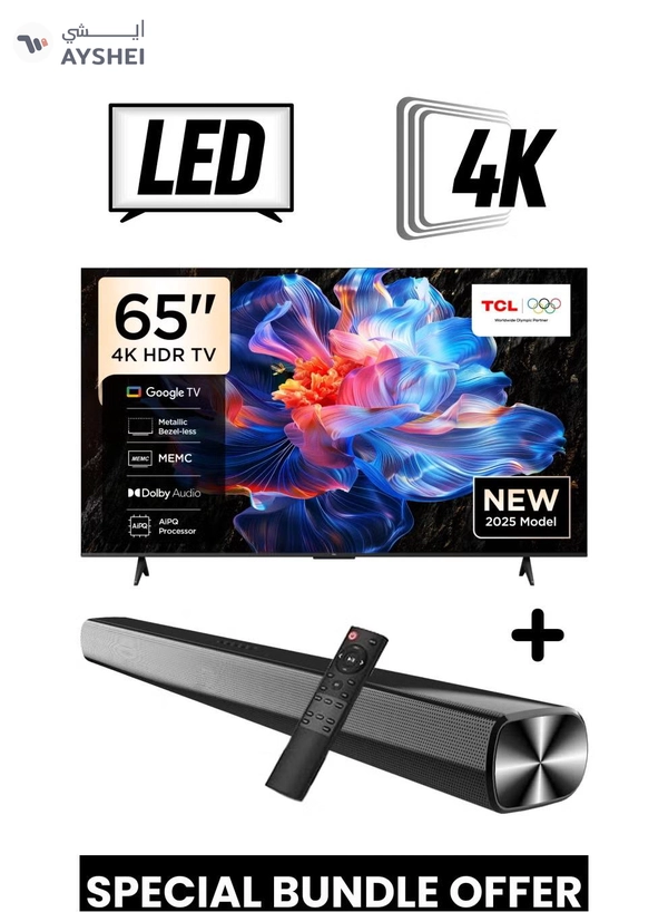 TCL 65-Inch P6K UHD LED 4K Smart TV + 2.0 Channel Premium Soundbar | [Google TV, AiPQ Processor, 60Hz, HDR10, MEMC, Metallic Bezel-less body] + [HDMI (ARC), USB, Bluetooth, FM Station, Aux] - (2025 Model) 65P6K+SOUNDBAR Black