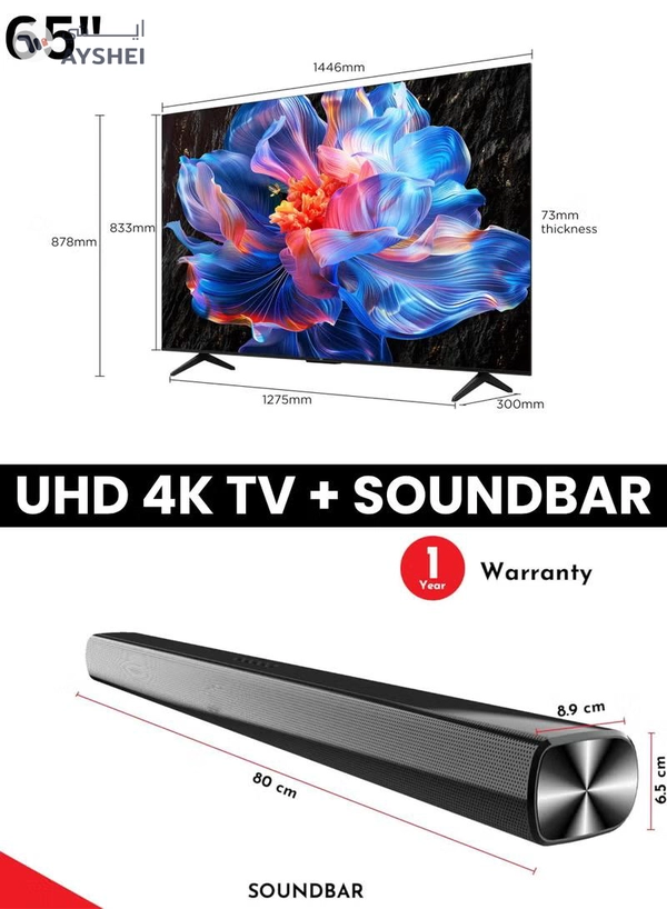 TCL 65-Inch P6K UHD LED 4K Smart TV + 2.0 Channel Premium Soundbar | [Google TV, AiPQ Processor, 60Hz, HDR10, MEMC, Metallic Bezel-less body] + [HDMI (ARC), USB, Bluetooth, FM Station, Aux] - (2025 Model) 65P6K+SOUNDBAR Black