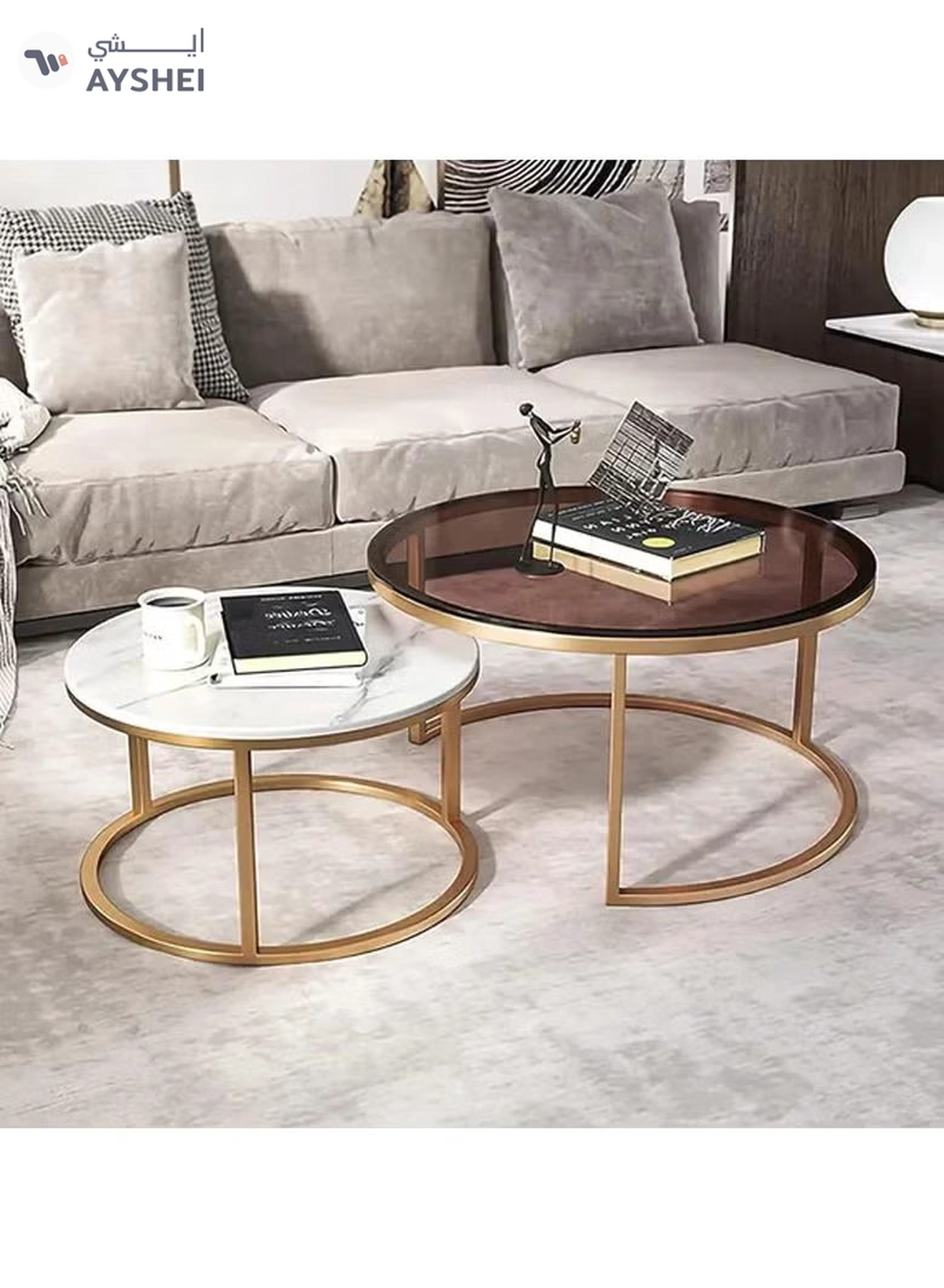 DubaiGallery Round Coffee Table Nesting Coffee Table Coffee Tables 2 Round Nesting Table Set Circle Coffee Table with Storage Open Shelf for Living Room Modern Minimalist Style Furniture Side End Table of Stable-2-2