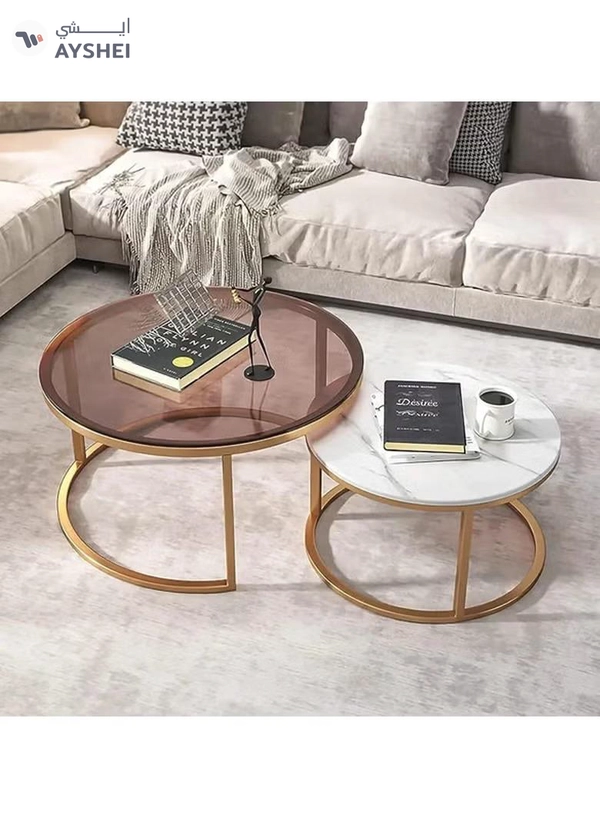 DubaiGallery Round Coffee Table Nesting Coffee Table Coffee Tables 2 Round Nesting Table Set Circle Coffee Table with Storage Open Shelf for Living Room Modern Minimalist Style Furniture Side End Table of Stable