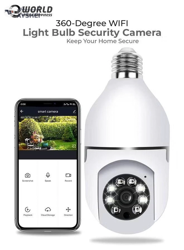 Eworld 360 Degree Wireless WIFI Light Bulb Security Camera with Motion Detection