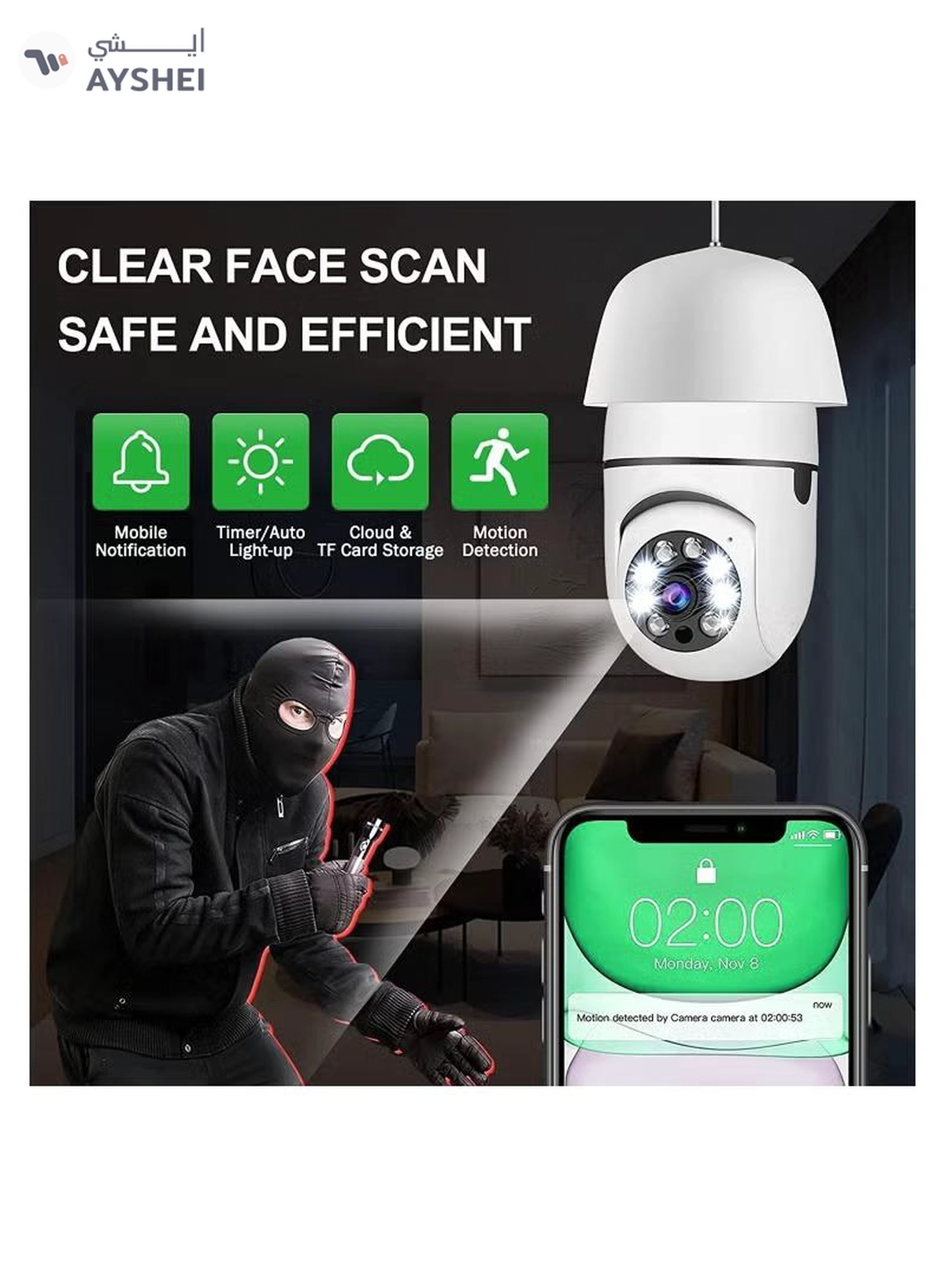 Eworld 360 Degree Wireless WIFI Light Bulb Security Camera with Motion Detection-3-3