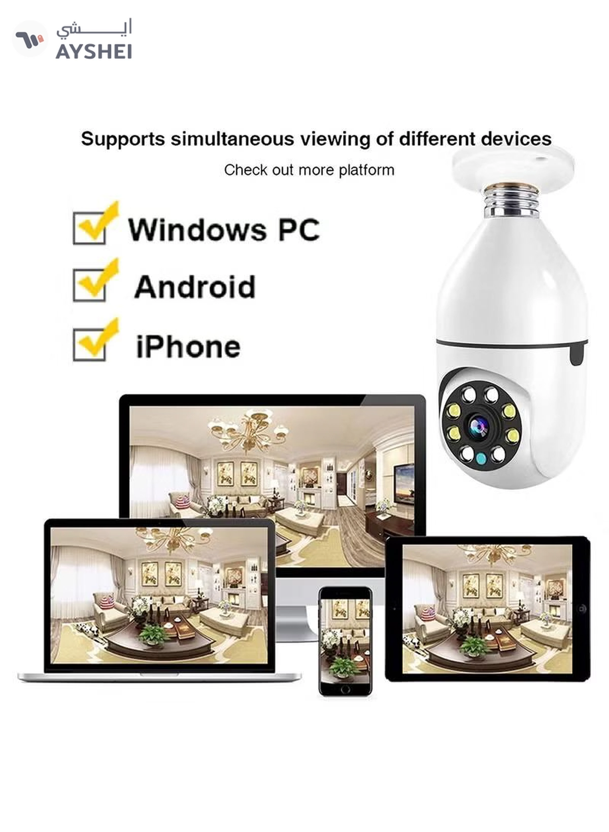 Eworld 360 Degree Wireless WIFI Light Bulb Security Camera with Motion Detection-6-6